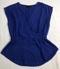 Attention Top Blouse Shirt Blue Woman Stretch Waist Size Medium Thin Sleeveless