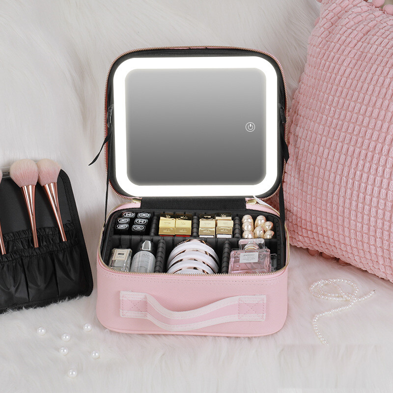 Travel Makeup Bag with LED Lighted Make up Case with Mirror