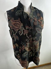 Vintage Cottagecore Vest Womens Medium Floral Tapestry Grannycore Black V3J