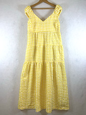 Womens Gingham Tiered Maxi Dress Sz M Yellow Puff Sleeve Open Tie Smocked Back