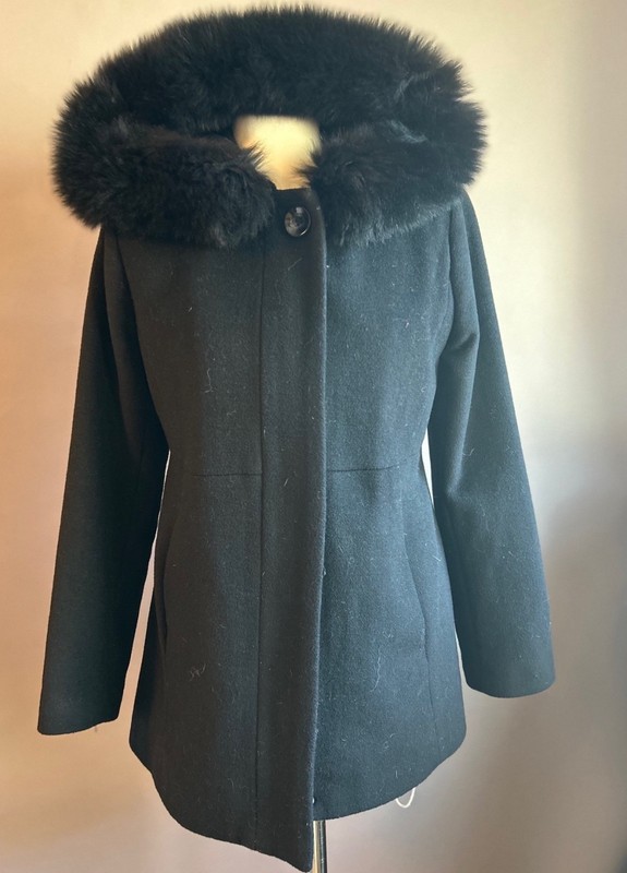 Sachi Collection Black Lambswool Coat Genuine PLUSH Fox Fur Collar - Size PP