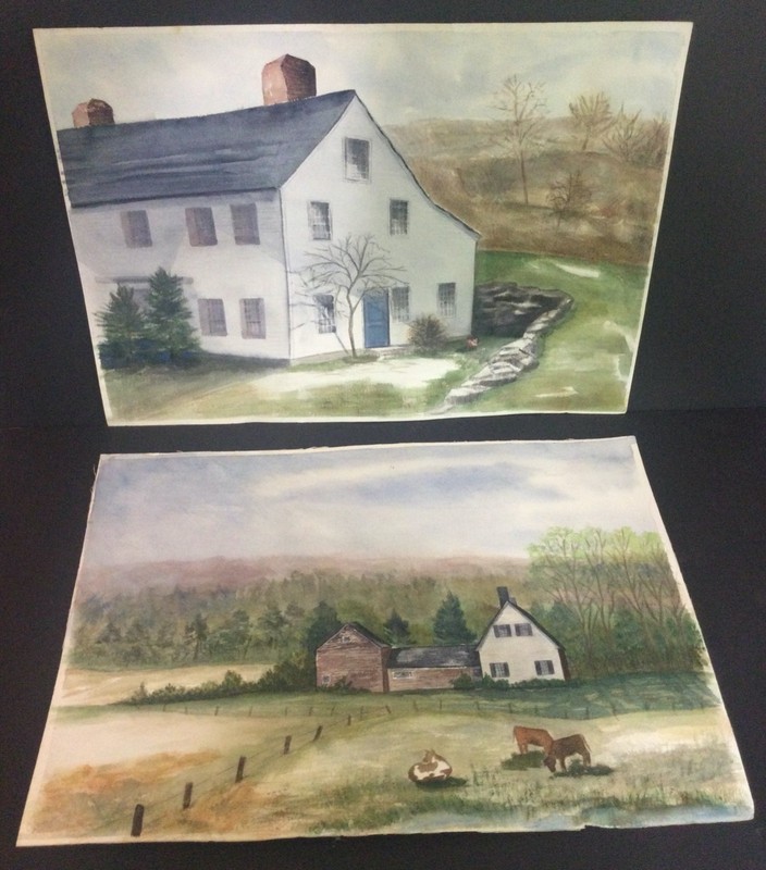 Folky Farm, Animal, Paintings Vintage  Two (2) - "Spring House" Augusta, Maine