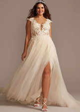 Galina Signature Ivory Lace Tulle A-Line Wedding Dress Cap Sleeve Plunging Neck  