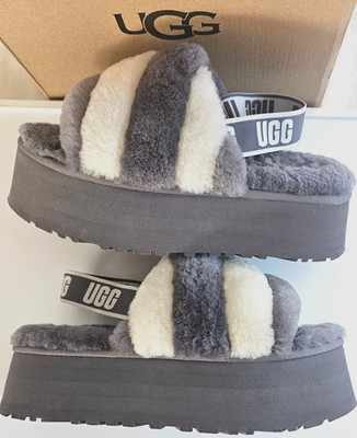 UGG GREY/ WHITE DISCO STRIPE COMBO FLUFF SLIDE SANDALS, WOMEN US 10/ EUR 41