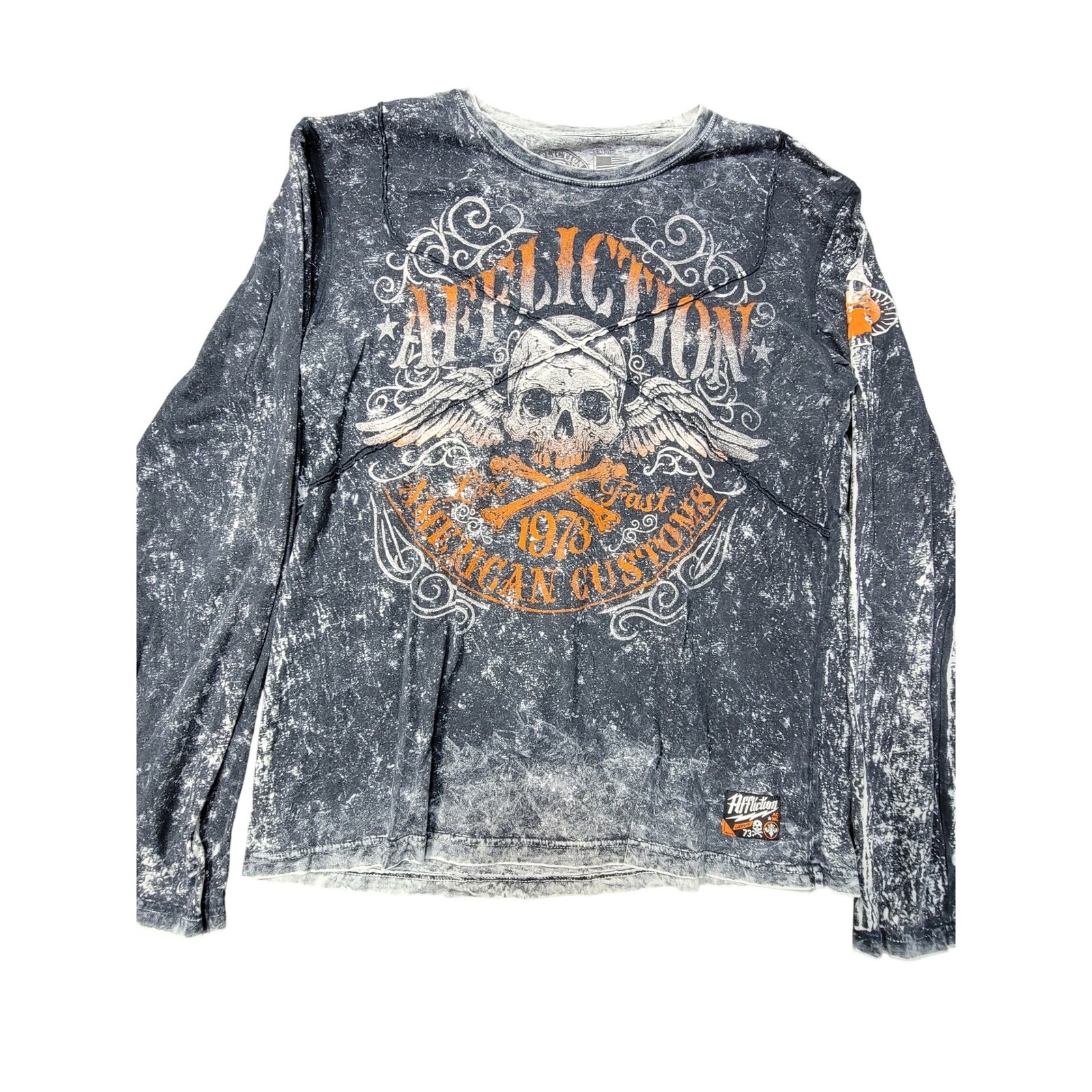 EUC Y2K Affliction Mens American Customs Live Fast Skull Long Sleeve Shirt Grey