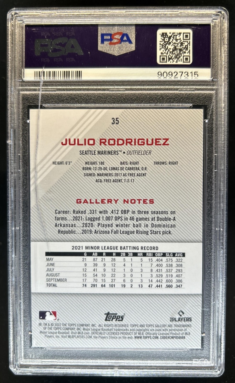 2022 Topps Gallery Julio Rodriguez Rainbow Foil Rookie RC #35 Mariners PSA 9 view 2