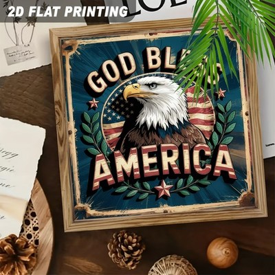 Vintage God Bless America Wooden Plaque 4th of July Eagle Patriotic Decor Gift