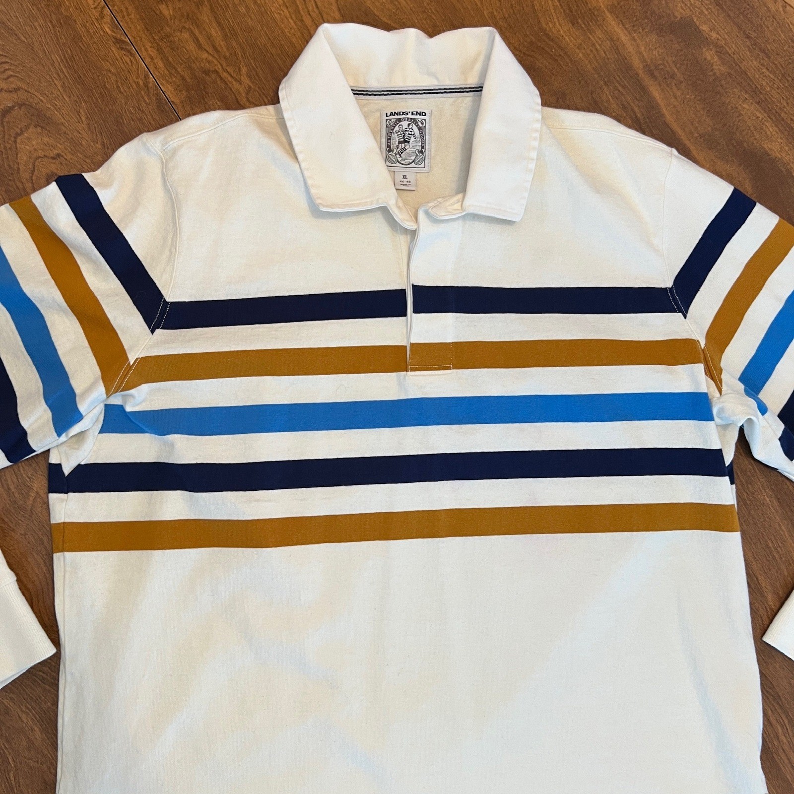 Vintage Lands End Mens XL Rugby Shirt Long Sleeve Striped Collared