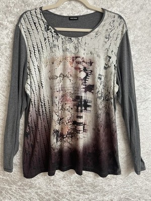 Gerry Weber Size L Grey & Purple Top Smart Soft Viscose Round Neck Long Sleeves