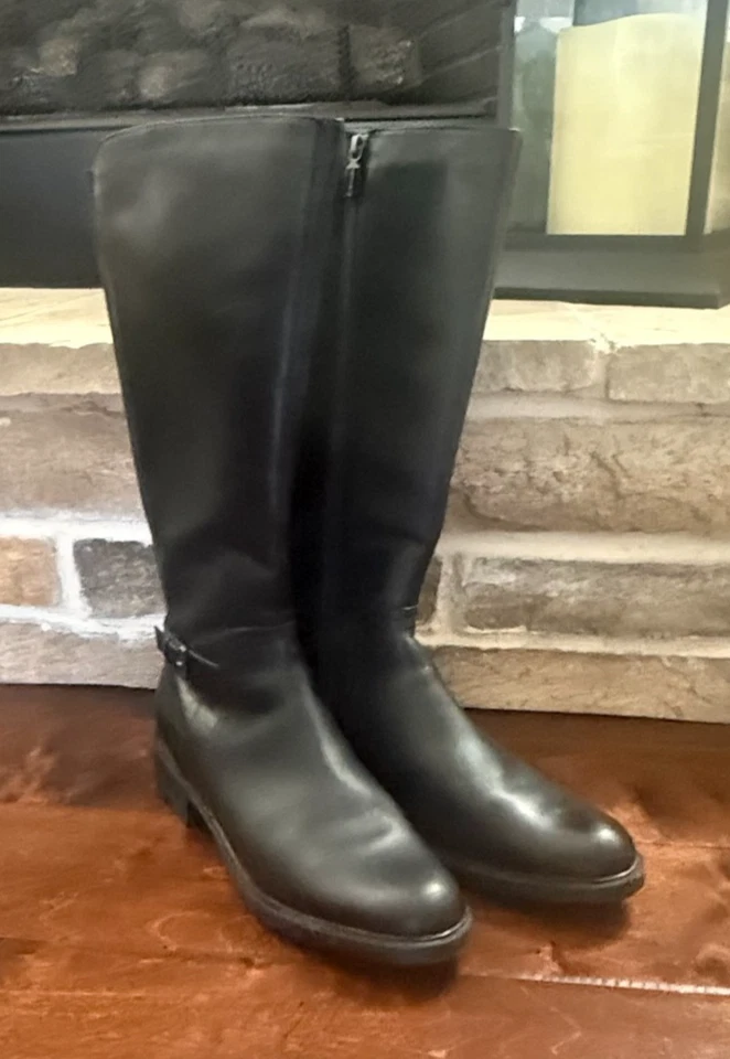 Botas de montar BLONDO impermeables de cuero negro a la altura de la rodilla para mujer con cremallera lateral 9W Foto 2 de 4