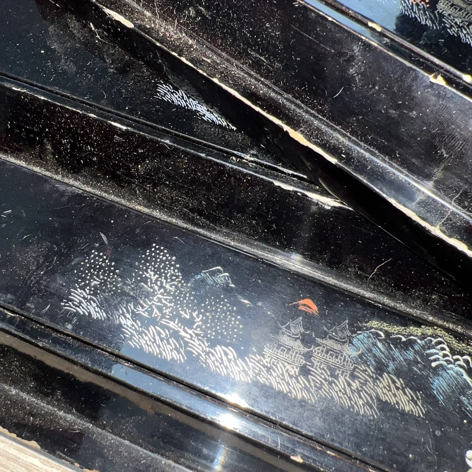 x4 Vintage Mahjong Game Tile Rack Lacquer Ware Hinged Chinese Hand Painted - Image 4 of 4