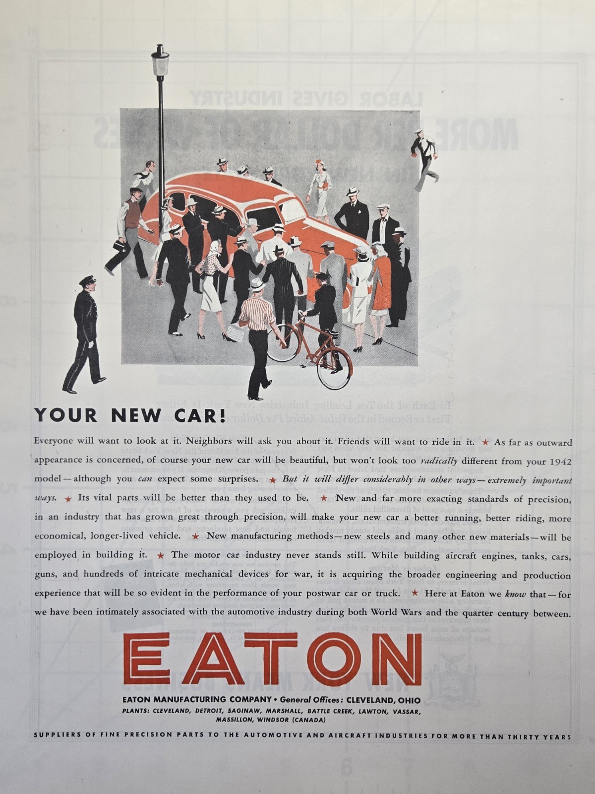 Eaton Mfg Co Cleveland OH Wartime Experience Better Postwar Cars Print Ad 1945