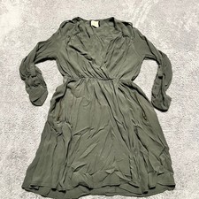 MAEVE Anthropologie Dress Womens Medium Green V Neck Roll Tab Sleeve Fit & Flare