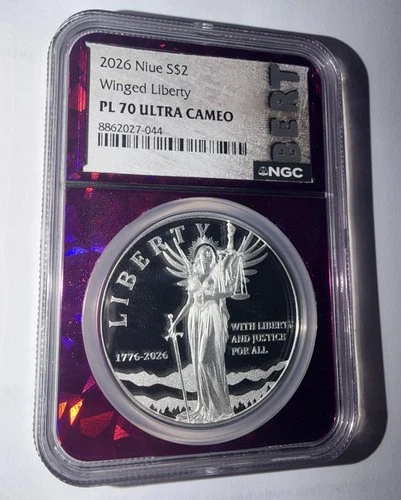 TOP POP! 2026 Niue Winged Liberty S$2 Proof-Like PL70 UC - ICY PURPLE BERT! 250 - product listing photo