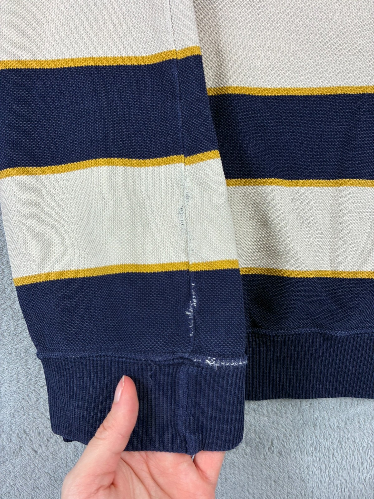 Vintage Lacoste Chemise 90's Navy Cream Stripe Waffle Knit Sz 5/Large Sweatshirt image 8