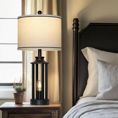 27.5 Modern Black Cylinder Table Lamps with USB and USB-C Ports, 3-Way Touch of