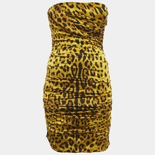 Dolce Gabbana Yellow Leopard Print Silk Strapless Ruched Dress M