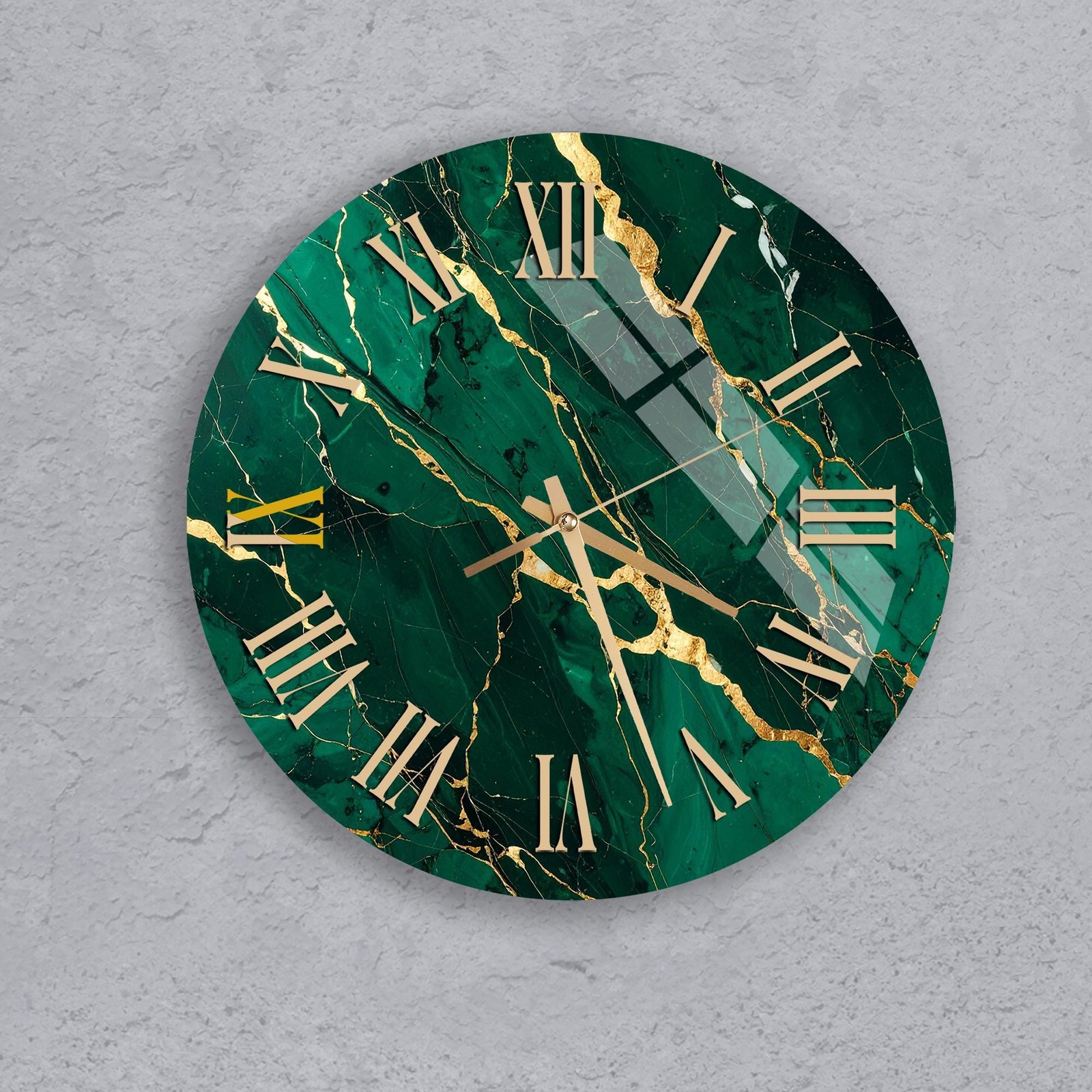 Green Gold Tempered Glass Wall Clock Marble Art - Modern Glam Decor Unique