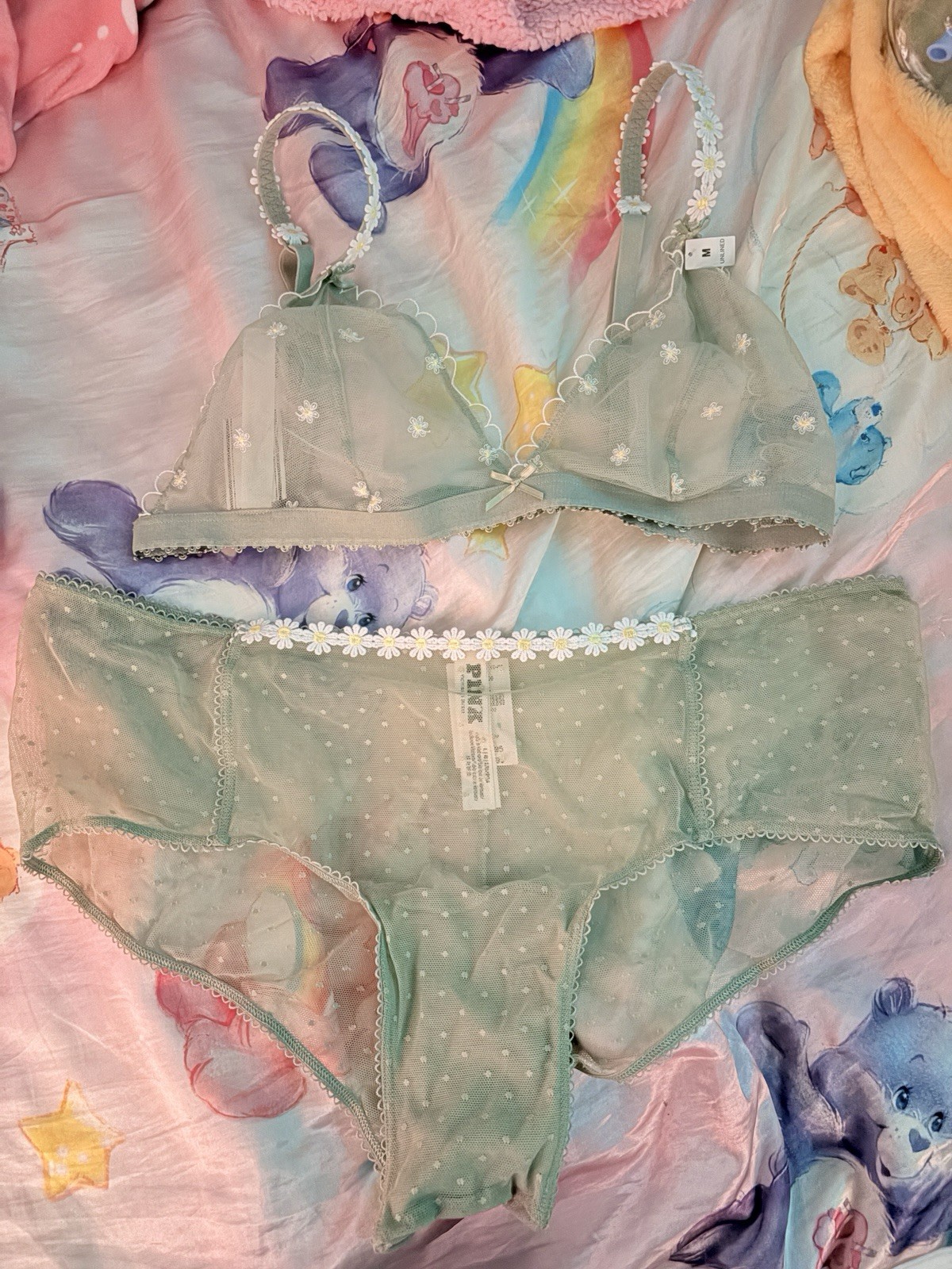PINK Mint Green Sheer Mesh Bralette & Panty Set Daisy Appliqué M L Adjustable