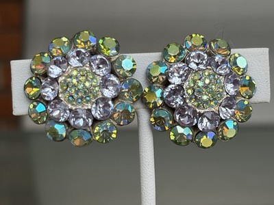 Signed Tara Aurora Borealis Lavender Rhinestone Clip On Earrings 1  Vintage