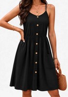 Women's Summer Spring Casual V Neck Midi Skater Dress Spaghetti Strap Button Dow