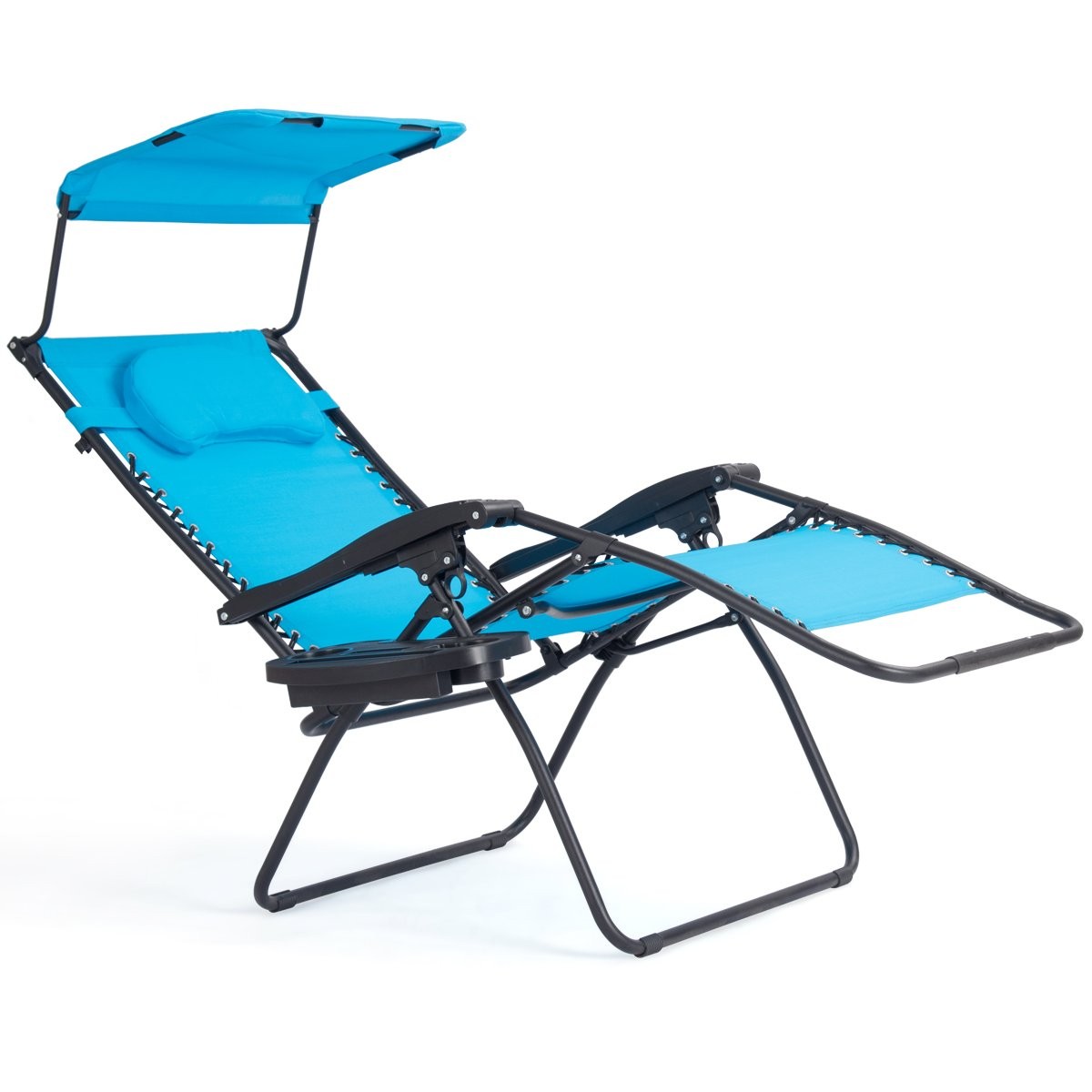 Folding Recliner Zero Gravity Lounge Chair W/ Shade Canopy Cup Holder Blue