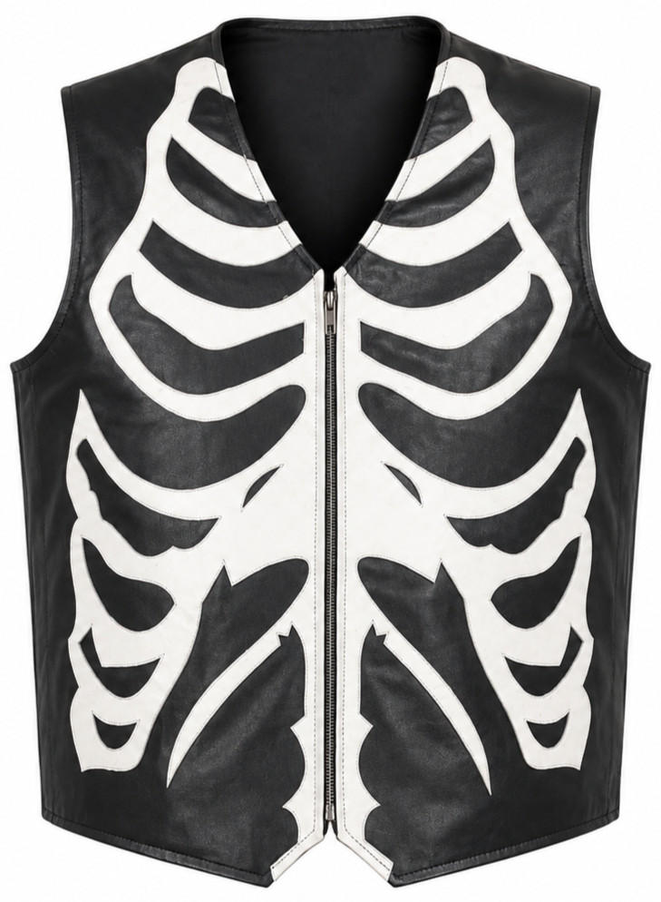 Men Black Genuine Leather Biker Vest White Skeleton Rib Cage Bones Motorcycle