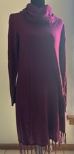 Purple Knit Sweater Dress Cowl Neck Fringe Hem Long Sleeve Knee Length Size M