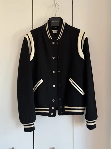 SAINT LAURENT (YSL) Giacca Saint Laurent Teddy Varsity 46 nera Hedi Slimane