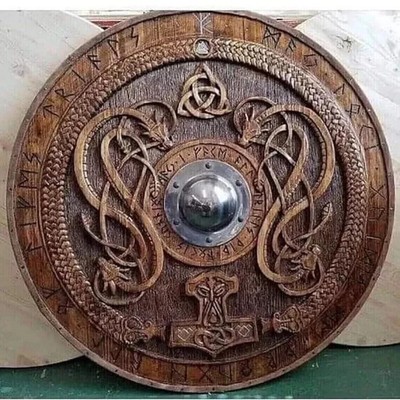 60cm Wooden viking shield, symbol Raven, wall decor art Odin Hugin
