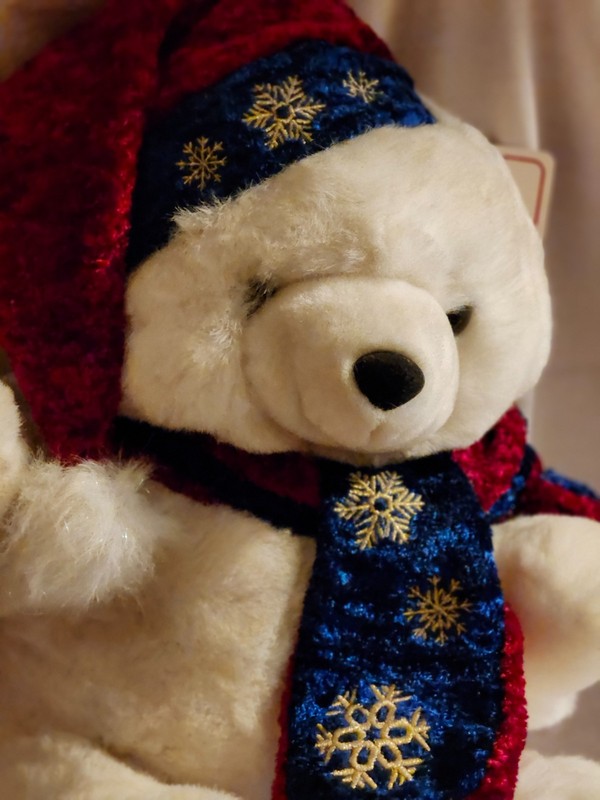 Vintage 2001 K-Mart Plush White Xmas Bear with red and blue hat & scarf  17"