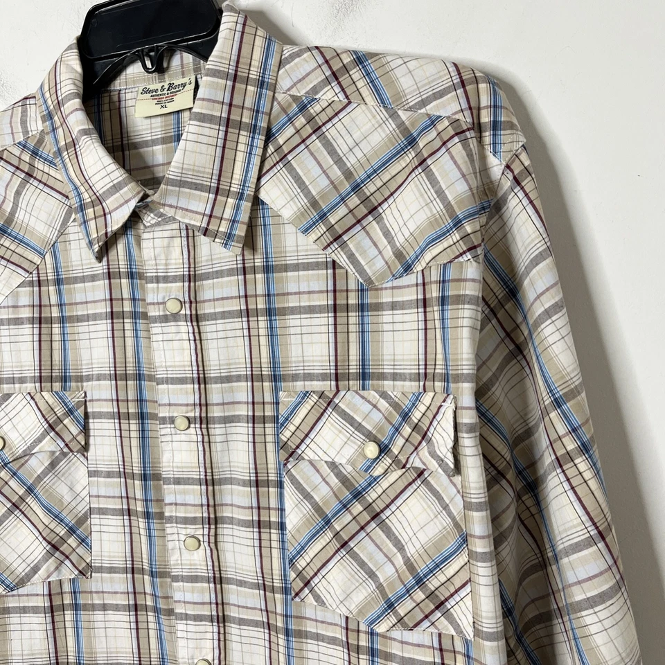Camisa de hombre Steve & Barry's Western abotonada XL beige y azul a cuadros 100 % algodón Foto 3 de 4