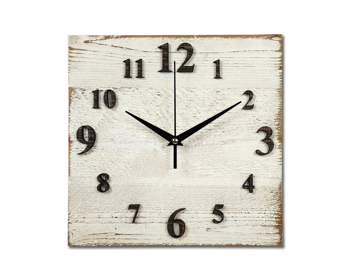 Cedar Clock, Square Distressed White Painted Wall/Mantel Clock. Raised Numbers