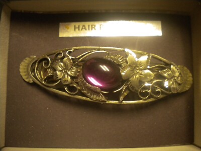 Hair barrette beautiful hand engraved, hand crafted in pewter PURPLE STONE