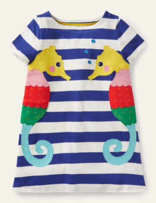 Mini Boden Kurzarm Tunika mit Applikation in blau Welle/Elfenbein Seepferdchen (unvollkommen)