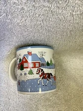 MUG COFFEE CUP WHITE & BLUE WITH HORSE SLEIGH IN COUNTRY FARM HOUSE BARN SCENE