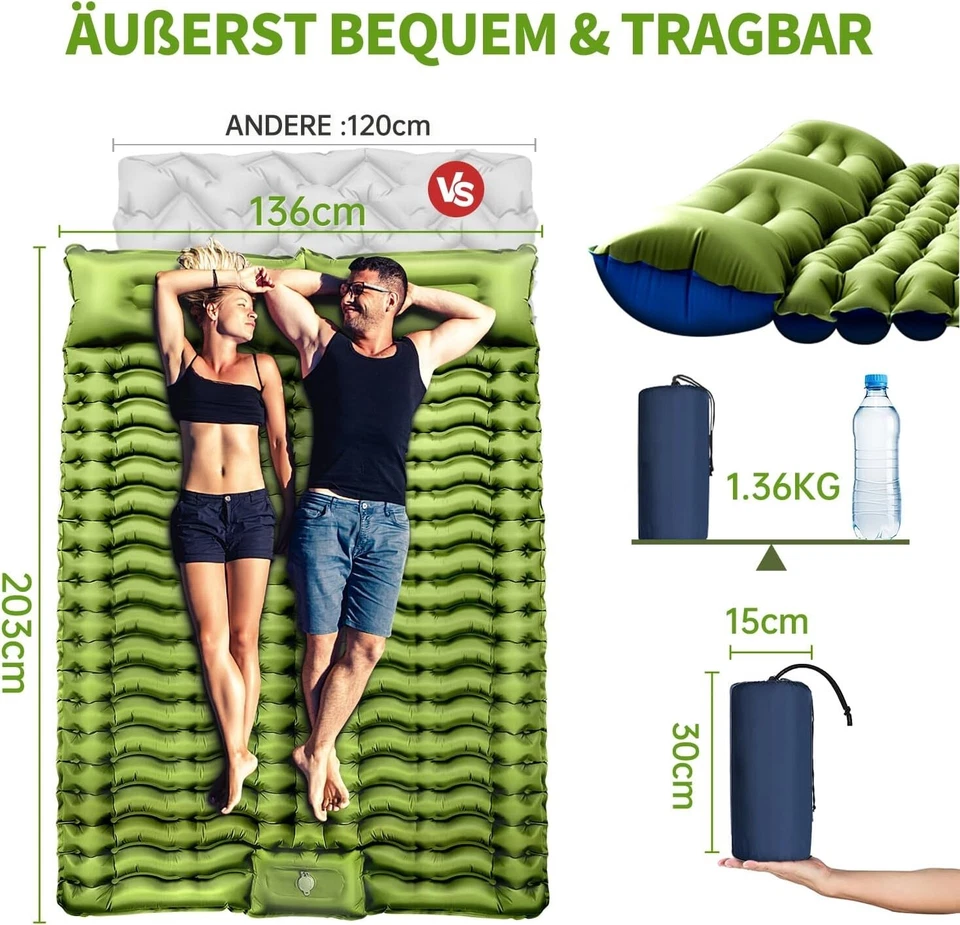 Luftmatratze Camping Isomatte Matratze Selbstaufblasend 2 Personen Kissen B120 - Bild 2 von 4