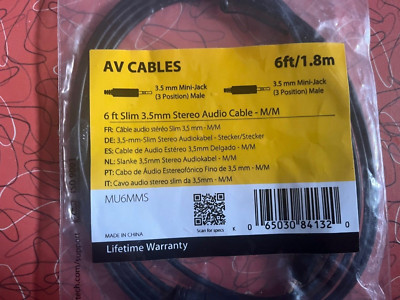 1/8'' to 1/8'' Stereo Audio Cable, 6', 3.5mm 1/8'' male to 3.5Mm 1/8'' Male..