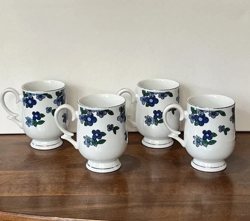 4 Vtg. Royalton Translucent Porcelain Blue Floral Pedestal Coffee Mugs Japan