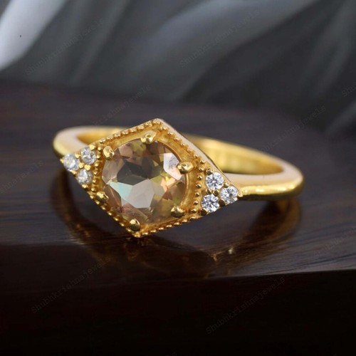 925 Sterling Silver 6 mm Round Natural Morganite Ring Yellow Gold Plated Ring - Picture 7 of 7