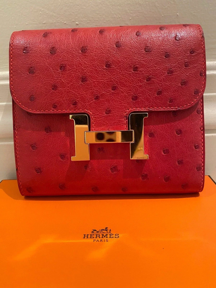 HERMES 2017 Constance Short Wallet Clutch in Ostrich Leather Rouge Vif Red