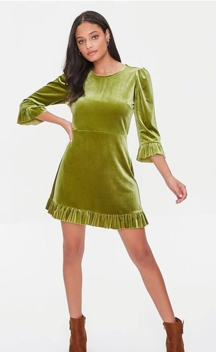 Velvet Flounce Mini Dress- Green- Small - Picture 4 of 5
