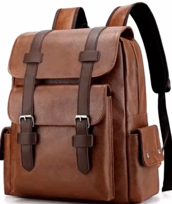 Brauner Kunstleder Vintage Daypack Laptop Rucksack mit extra Fächern