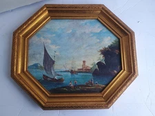 Vintage Octogon Framed Under Glass Italian Boat Scene Print Rare Find 14" X 11"