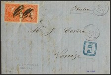 Isabel II. Période Dentée. SUR 100A(2). 1869. 12 Quarts Vermillon, Paire.