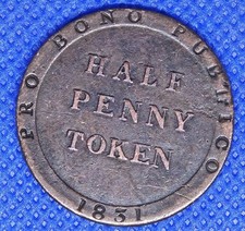 1831 ISLE of MAN TRISKELES Antique VINTAGE OLD 1/2 Penny BANK Token Coin *117