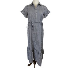 J Crew Amelia Maxi Shirt-Dress in Stripe Cotton Poplin Navy/White CB225 Size M