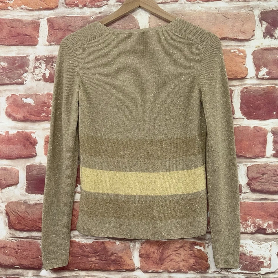 复古 Etcetera Top 女式 XS 棕褐色金色金属条纹休闲针织衬衫 — 第 4/4 张图片