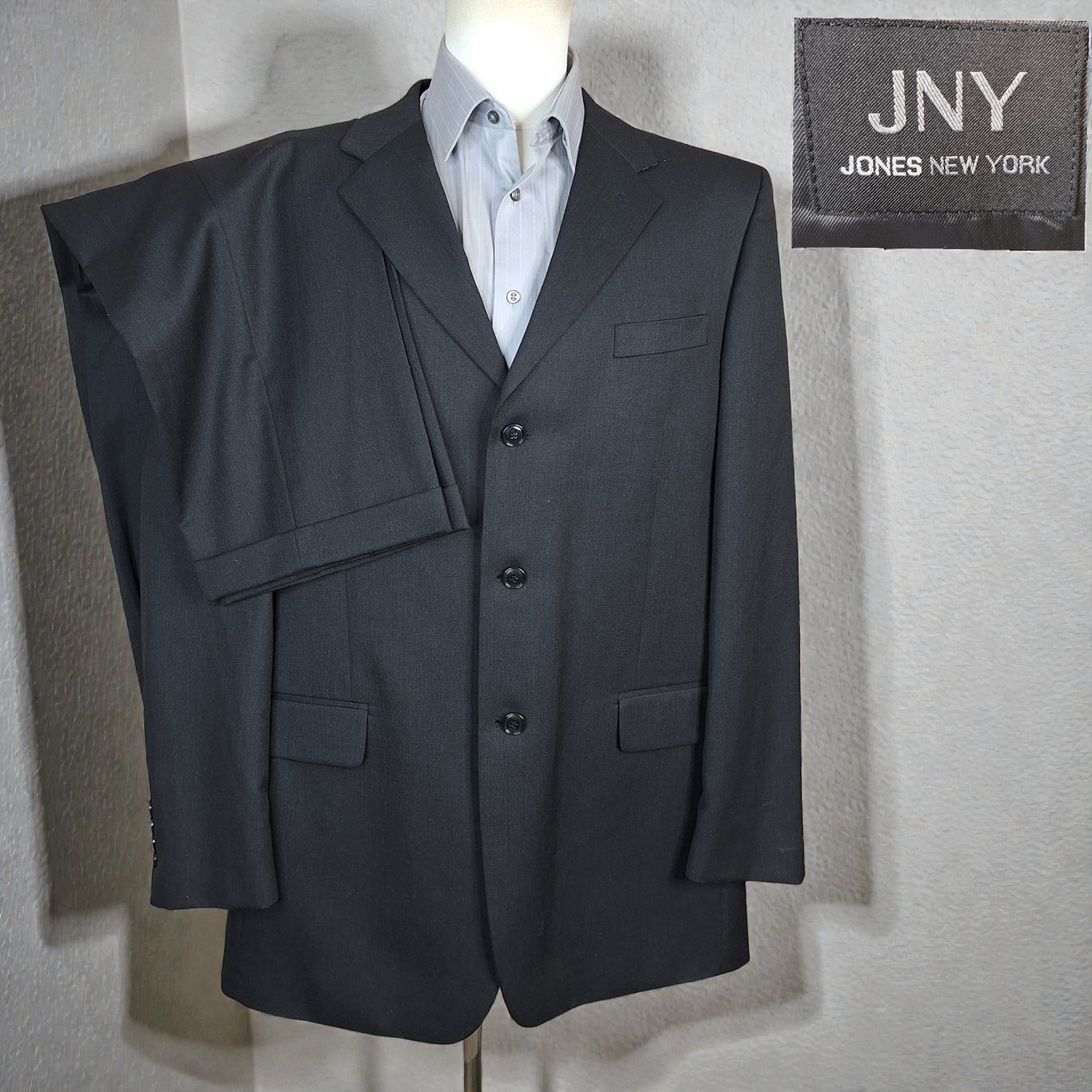 Jones New York 2 Piece Suit Mens 44L 36X32 Black 3 Button VL Wool