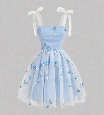 SheIn Damen Minikleid S blau/weiß Blumen Tüll Schleifen-Träger ärmellos